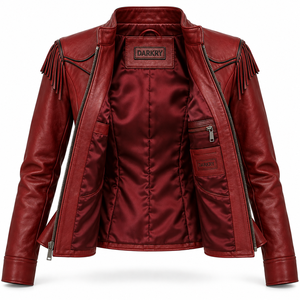 Chaqueta de cuero genuino para mujer, estilo motero, rojo intenso, con peplum, hombros con flecos, cuello mandarín y dobladillo acampanado. Proveedor OEM/ODM personalizado. - Product Image 5