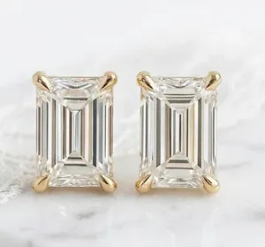IGI 4.00Ct <b>Emerald</b>-Cut Lab Grown Diamond Solitaire <b>Stud</b> Earing 14k Yellow Gold - Product Image 2
