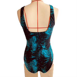 Women's Blue Tropical Leaf Print One Piece Swimsuit Scoop Neck <b>Tummy</b> <b>Control</b> Stretch Swimwear Plus Size Beach Bathing Suit - Product Image 2