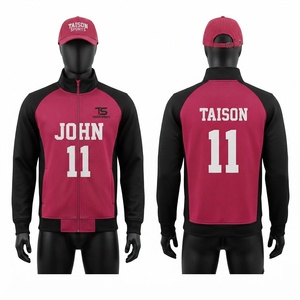 <b>Men</b> Rugby Training <b>Jacket</b> Premium 280 GSM Polyester <b>Fleece</b> <b>Black</b> Burgundy Raglan Panel Design Custom Embroidery Heat Transfer - Product Image 1