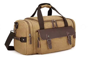 Sac de voyage rétro en toile avec accent en cuir, poche à rabat et plusieurs compartiments, sac de week-end - Product Image 4