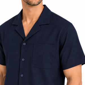 Ensemble de pyjama de luxe tissé pour homme, manches courtes, boutonné, vêtements de nuit d'été frais, short de détente assorti, tenue de nuit marine - Product Image 6