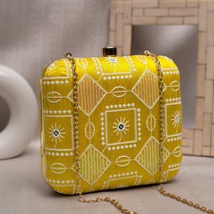 Yellow And White <b>Thread</b> Embroidery Clutch Bag Elegant Designer Evening Purse for Women Events - Product Image 1