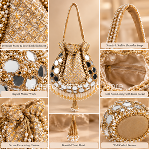 Bolso Potli de Lujo con Cuentas y Cadenas para Mujer |   Bolso de mano de noche de moda casual para boda con trabajo de perlas y espejos - Product Image 4