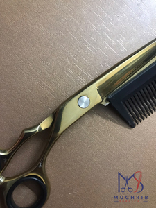 Ciseaux de barbier professionnels en acier inoxydable, lame droite avec peigne, revêtement doré - Product Image 1