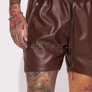 Manufacturer Custom Street Style Casual Leather <b>Short</b> <b>Patch</b> Drawstring Exposed Pockets PU Leather Cargo <b>Shorts</b> for <b>Men</b> - Product Image 6