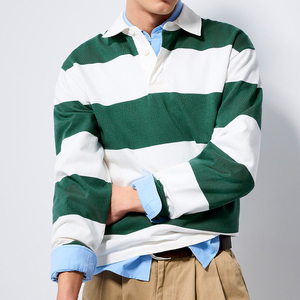 Polo de rugby brodé surdimensionné de haute qualité avec logo personnalisé, manches longues, rayé, style streetwear, en coton - Product Image 1