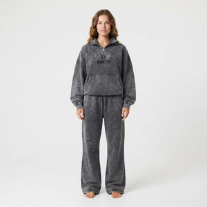 Acid Wash <b>Women</b> Tracksuit Quarter Zip Sweatshirt And <b>Sweatpants</b> Two Piece Streetwear Outfit OEM ODM Manufacturer Charcoal Color - Product Image 1
