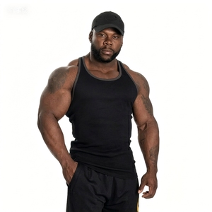 Débardeur noir grande taille pour homme avec bordure orange, tricoté, sans manches, col rond, décontracté, pour la gym et l'entraînement - Product Image 2