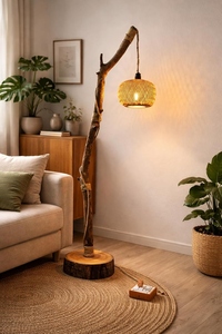 Handcrafted Wooden <b>Branch</b> Floor Lamp Wholesale Natural Wood Standing <b>Light</b> Manufacturer Custom Woven Basket Shade Lamp OEM ODM - Product Image 6