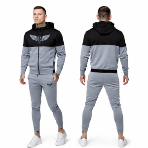 Ensemble de survêtement personnalisé pour homme, bleu marine et gris, coupe ajustée, avec sweat à capuche zippé et pantalon de jogging, idéal pour le sport et la gym - Product Image 2