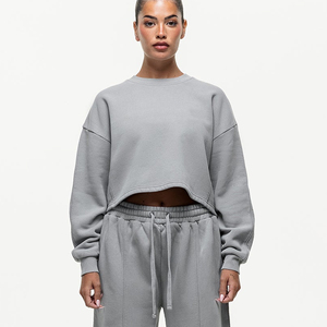 Sudadera Corta Oversize para Mujer, Cuello Redondo, Color Gris Sólido, Hombros Caídos, Felpa, Ropa Casual de Otoño - Product Image 5