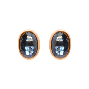 14k Yellow Gold Natural Oval <b>Blue</b> <b>Sapphire</b> Bezel Stud <b>Earrings</b> Memoria Jewels - Product Image 4