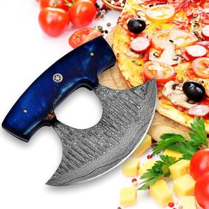 Couteau Ulu artisanal en acier Damas avec manche en bois Pakka pour la découpe et la préparation des aliments en cuisine (hachage, découpe en dés, tranchage) - Product Image 5