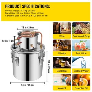 Kit per Distillazione Domestica di Alcol in Acciaio Inox da 3 Galloni/12L con Tubo in Rame e Termometro per Distillazione Fai-da-Te di Whisky e Vino - Product Image 5