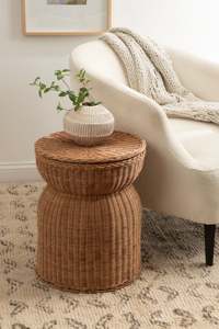 Beautiful Rattan <b>Storage</b> <b>Side</b> <b>Table</b> Handwoven Wicker Drum Stool With Removable Lid Round Accent Furniture For Living Room - Product Image 6