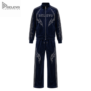 Custom Rhinestone Decor Velvet Lightweight <b>Tracksuit</b> High Quality Full Zip Jacket Wide Leg <b>Velour</b> Sweatpants Adults Solid Front - Product Image 2