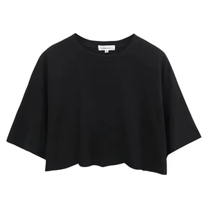 T-shirt court décontracté noir pour femme, col rond, manches régulières, coupe classique, tricoté, couleur unie, respirant, en toile, pour l'été - Product Image 1