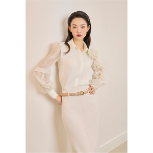 Chemisier de mode féminin prêt à expédier avec appliques florales 3D et manches en organza – Vêtements de travail féminins – Fournisseur en gros - Product Image 3