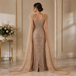 Robe de soirée de luxe en or champagne perlée pour femme, élégante, col en V, avec cape en plumes, robe longue formelle pour mariage, fête, bal de promo, cocktail - Product Image 4