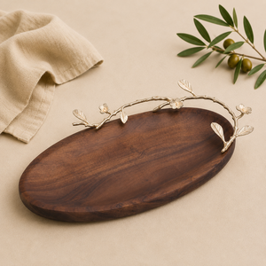 Plateau de service ovale en bois fait main avec poignée en métal à motif de feuille unique, plateau en bois d'acacia écologique pour le thé et le café - Product Image 2