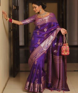 Purple Silk Saree With Zari Border Traditional Indian Wedding Wear For Women <b>Floor</b> Length Banarasi Style Sari - Product Image 1
