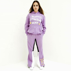 Unisex Oversized Sweatshirt Wide Leg Pants Set Casual Solid Printed 100% Cotton Loungewear Outfit Hooded Collar for Winter - Product Image 4
