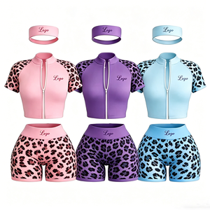 High quality Women's 3 Piece Set Short Sleeve Zip Up <b>Jacket</b> Shorts And Headband Women Yoga Fitness and <b>workout</b> Sets - Product Image 1