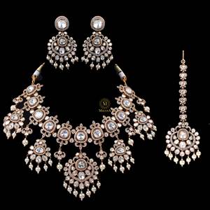 Vidhi Polki Bridal Designer Necklace Set-24K Gold Plated Platinum with Zircon and Pearl - Product Image 1