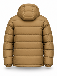 <b>Men's</b> <b>Khaki</b> Hooded Puffer Jacket Front Logo Waterproof Windproof Casual Zipper Polyester Wadding Regular Length Winter Coat - Product Image 4
