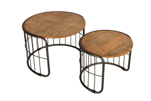 Circular Timber Nest <b>Tables</b> Pair with Iron Frame Wire Base Compact Layered Coffee <b>Tables</b> <b>Space</b> <b>Saving</b> Accent Furniture Set - Product Image 3