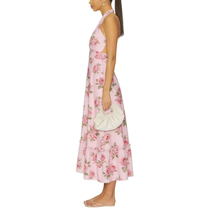Robe longue d'été sans manches à imprimé floral rose romantique décontracté, coupe trapèze, style licou, pour femme, impression numérique - Product Image 2