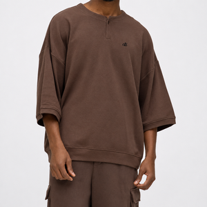 Customizable Oversized <b>Henley</b> Neck Streetwear Wholesale Custom Logo 3/4 Sleeves OEM Heavyweight 100% Cotton Casual Men's <b>shirts</b> - Product Image 2