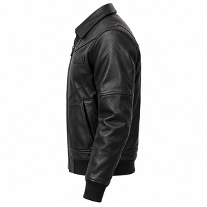Chaqueta de Cuero Genuino de Vaca Negra para Hombre, Forro Acolchado, Cierre de Cremallera, Ribete Acanalado, Estilo Aviador Urbano, Fabricante Personalizado - Product Image 4