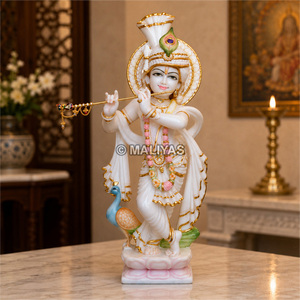 Marble Krishna Statue | White Marble Lord Krishna Murti with Peacock | Handcrafted Flute Playing Krishna Idol | MALIYAS India - Product Image 1