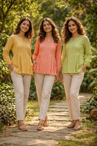 Linen Cotton Fabric Short Plain Kurti And Pant Pair Casual Wear Formal Regular Wear Kurti Plazzo Pant Cordset For Ladies - Product Image 6