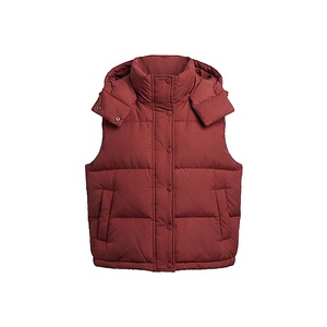 Hooded Quilted Vest Women Winter Solid Color Polyester Filling Button Closure Regular Length Woven Fabric - Product Image 1