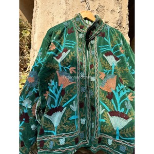 Green Velvet Jacket Uzbek Suzani Embroidery Jacket <b>Coat</b> Handmade Winter Unisex Jacket With Two Side Pockets - Product Image 5