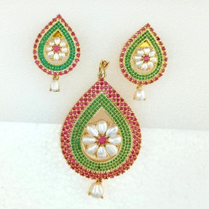 RAY FINE ORNATES IGI Certified Princess Cut Victorian <b>Ruby</b> Emerald Pearl Pendant Set 22K Gold Plated Bridal <b>Necklace</b> Earrings - Product Image 2