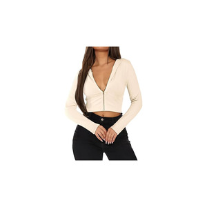 Ladies <b>Cropped</b> <b>Zip</b> Hoodie Rib Knit Slim Fit Long Sleeve Fashion Casual Top for women - Product Image 1
