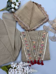 Women Beige Silk Salwar Suit Embroidered Straight <b>Kurta</b> With Dupatta Ethnic <b>Indian</b> Pakistani Outfit - Product Image 4