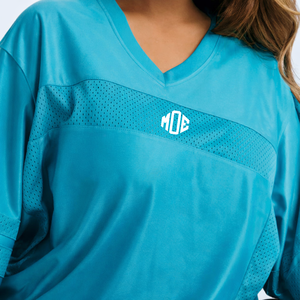 Haut en jersey américain bleu surdimensionné en maille respirante pour femme, col en V, qualité supérieure, coupe ample, fournisseur en gros - Product Image 6