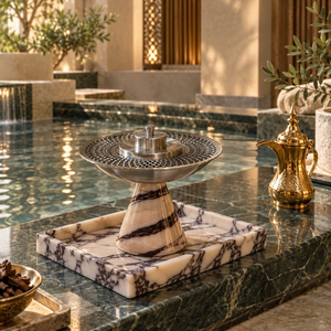 Brûleur à Bakhoor en marbre et acier inoxydable |   Porte-encens Oud Arabe en Métal Perforé – Décoration de Luxe Islamique pour Maison, Hôtel et Majlis - Product Image 3