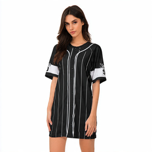 Robe chemise en jersey oversize à manches mi-longues pour femme / Robe chemise longue boutonnée en jersey oversize style baseball pour femme en gros - Product Image 4