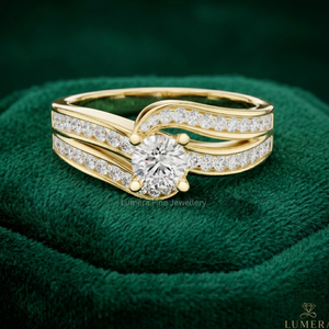 Bague de fiançailles et de mariage de luxe en or jaune 9K 10K 14K 18K avec diamant de laboratoire taille brillant, à double sangle, certifiée IGI pour femme - Product Image 1