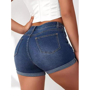 Smock <b>Waist</b> Distressed Denim Shorts Women <b>Elastic</b> Stretchy High Rise Ripped Raw Hem Summer Cozy <b>Jean</b> Bottoms - Product Image 4