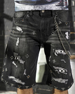 Shorts Bermuda déchirés noirs pour hommes, motif à carreaux, style punk, fermeture boutonnée, taille mi-haute, en coton tissé - Product Image 6