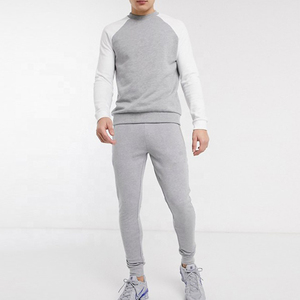 Ensemble de survêtement gris et blanc pour homme, manches raglan, col rond, sweat-shirt et pantalon décontractés longs avec poches latérales, respirant - Product Image 1