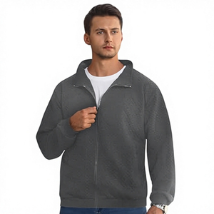 Men's Gray Fleece <b>Zip</b>-<b>Up</b> <b>Jacket</b> Stand Collar Casual Autumn Wear Regular Fit Solid Color Polyester Material - Product Image 6