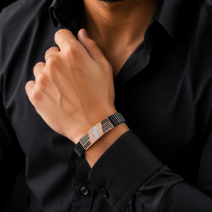 925 Sterling Silver Black Link <b>Bracelet</b> with White Cubic Zirconia Geometric Bar Design High Polish Unisex Party Gift Fashion - Product Image 1